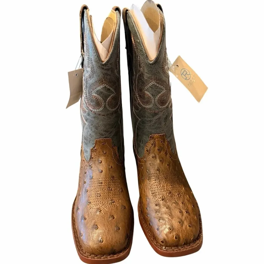 NWT Roper Bumps Ostrich Print Square Toe Pull On Cowboy Boots Youth Boys Size 13
